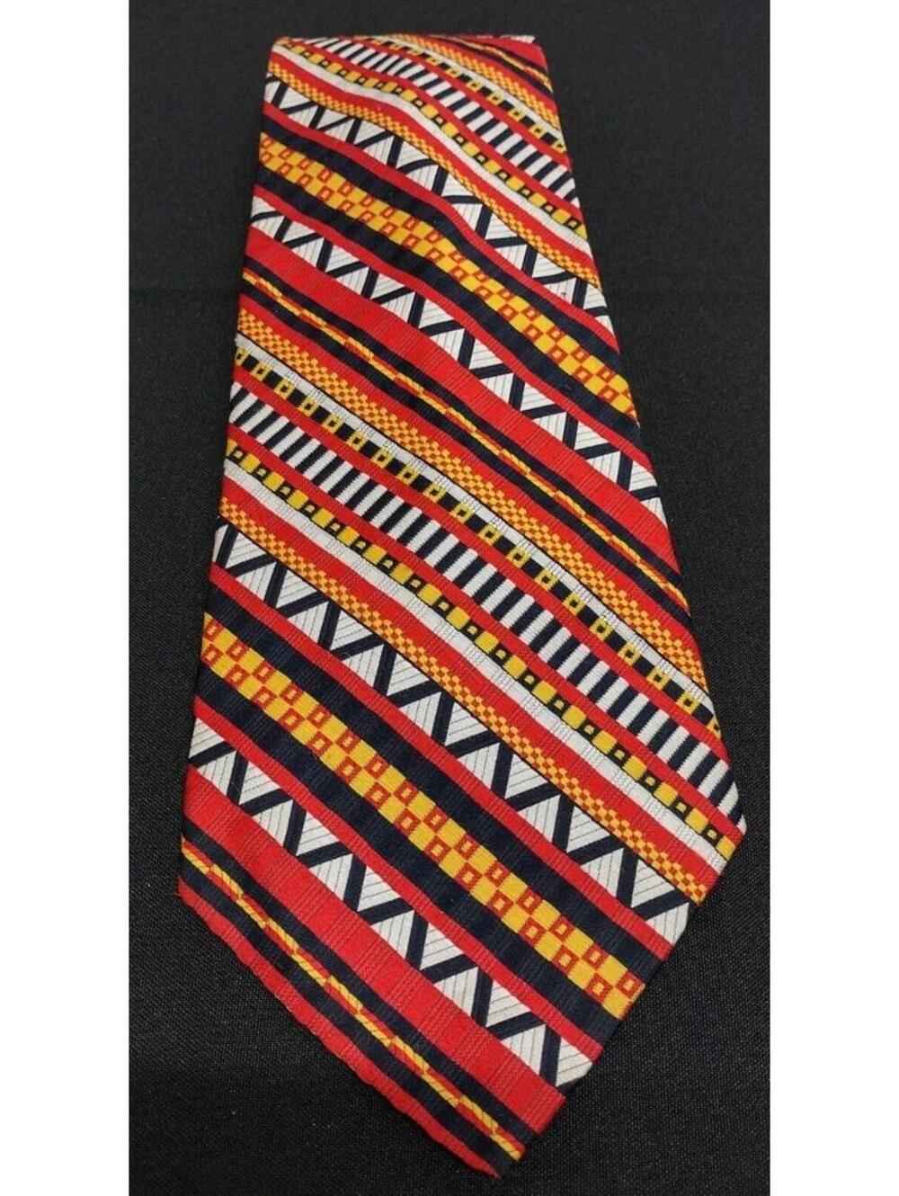 TREVIRA Monte Carlo 1970s Wide Tie Geometric Vibrant Color Red Orange Mustard